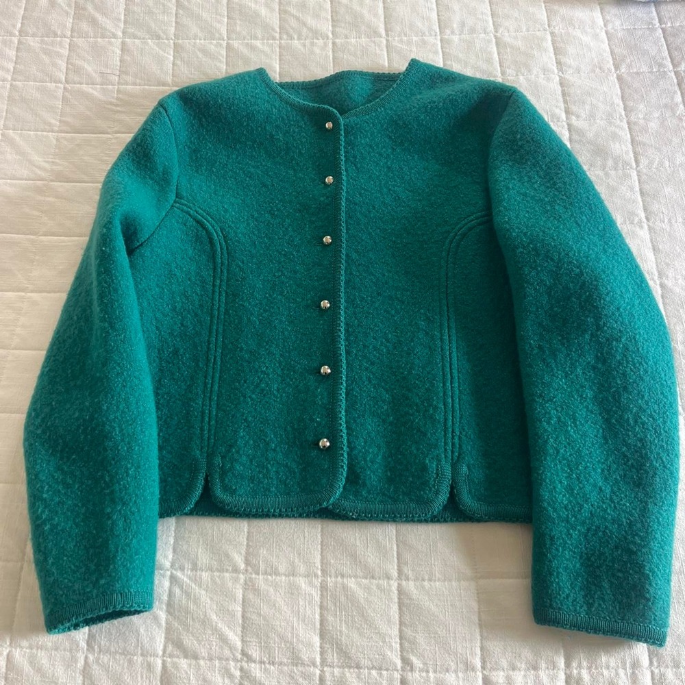 Teal Green Cropped Cardigan Silver Buttons Tailored Vintage Inspired
